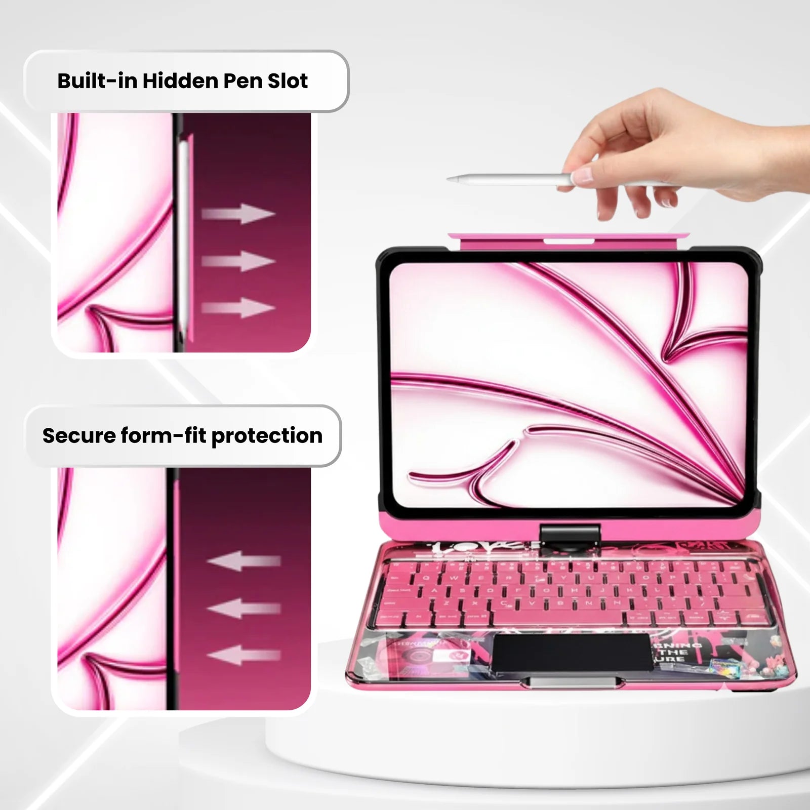 Y2K Transparent Pink 360° Rotating iPad Keyboard Case