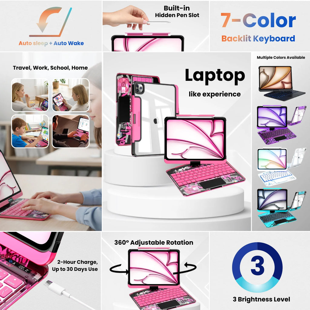 Y2K Transparent Pink 360° Rotating iPad Keyboard Case