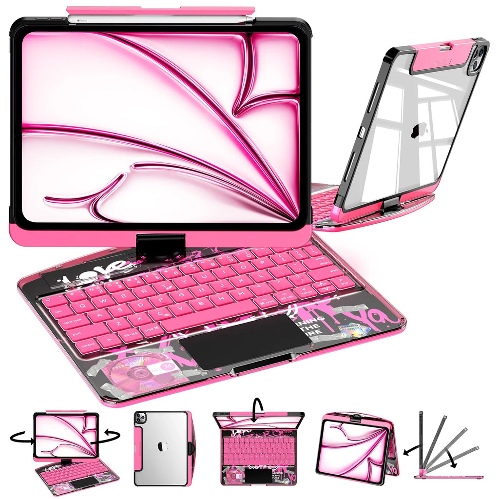Y2K Transparent Pink 360° Rotating iPad Keyboard Case